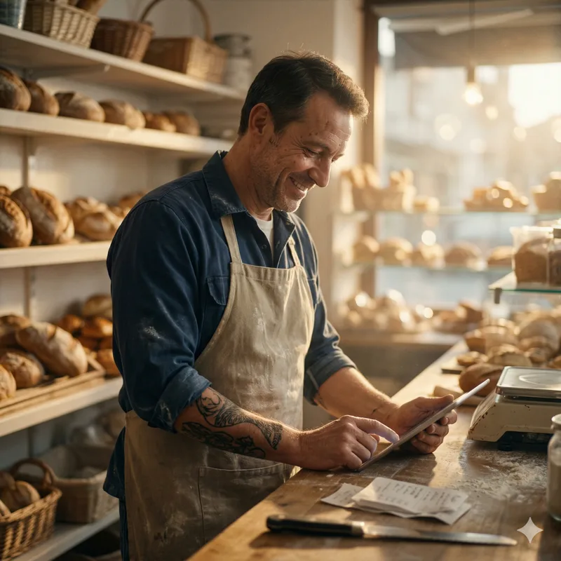 Italian craftsman using a tablet to manage his business with AI applications